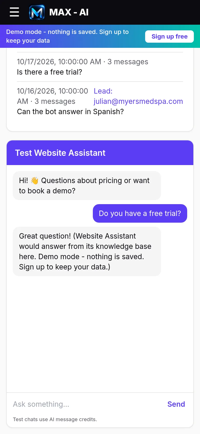 Test chat with an AI reply on mobile