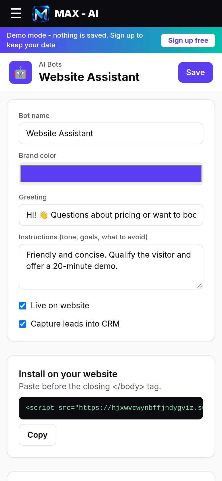 Bot settings on mobile