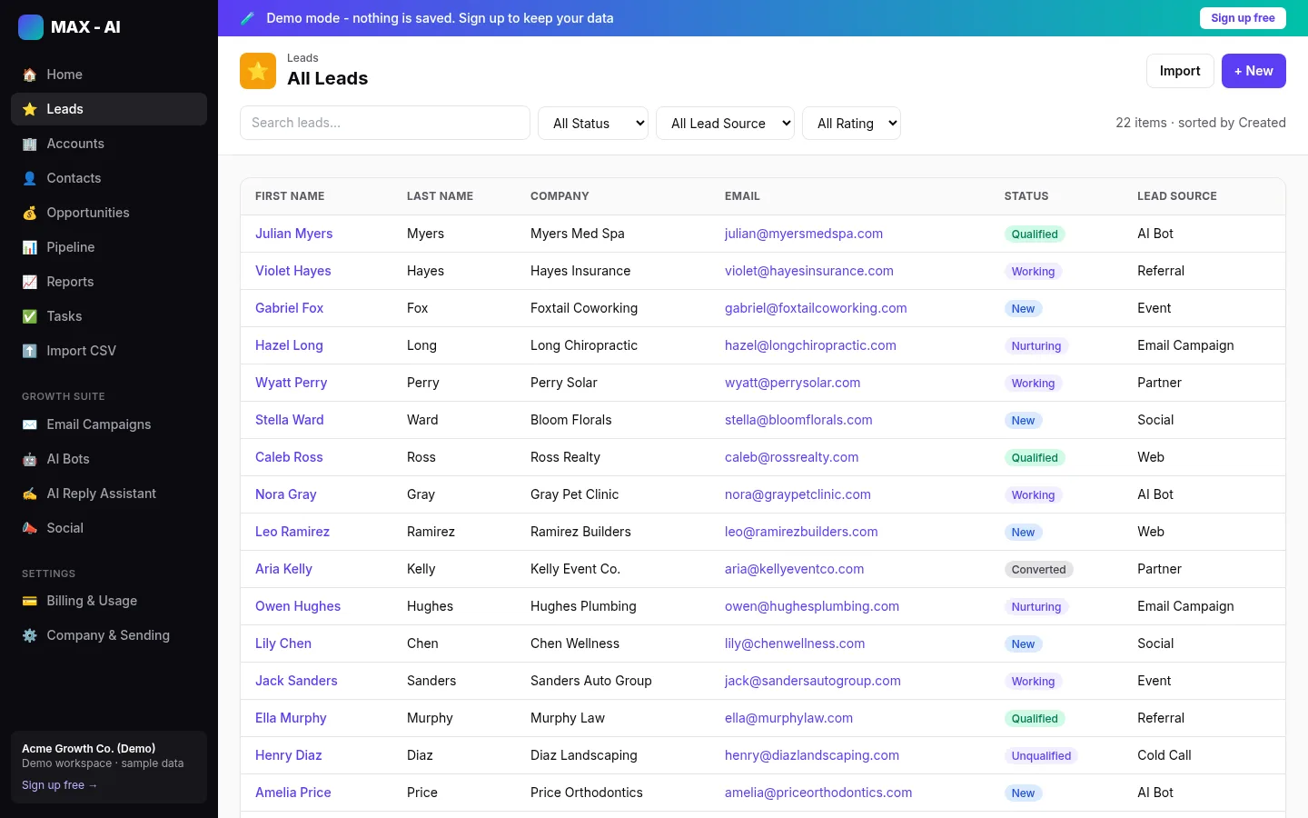 Leads list on desktop