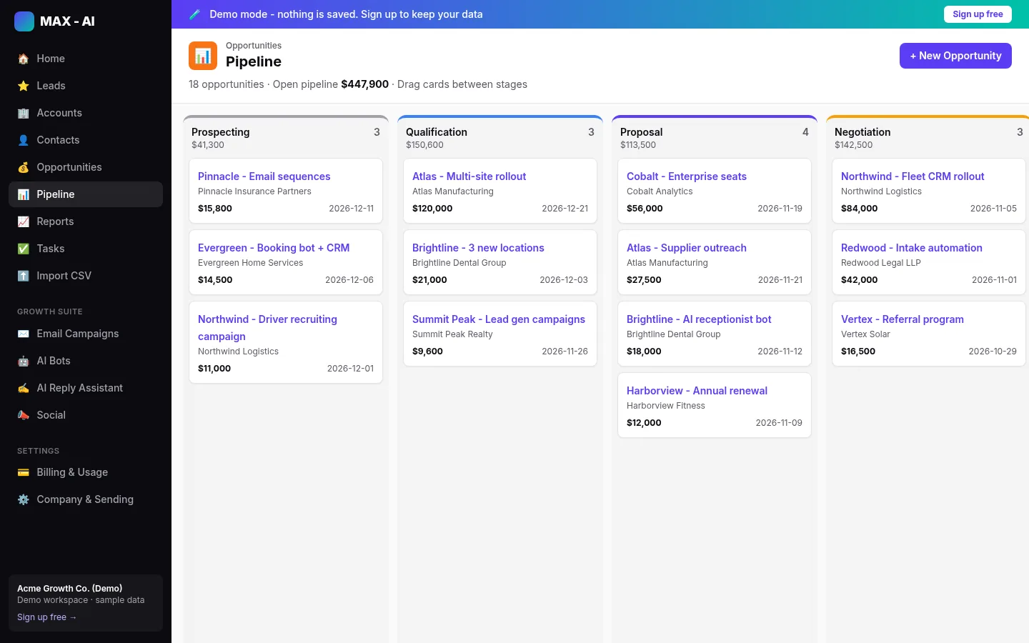 Deal pipeline on desktop