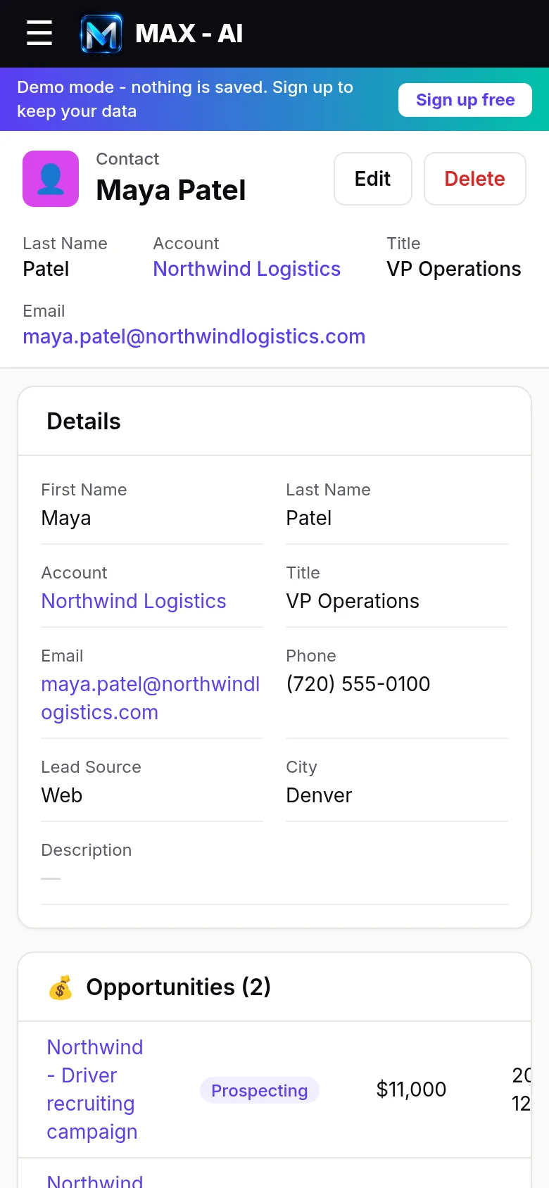 Contact record on mobile