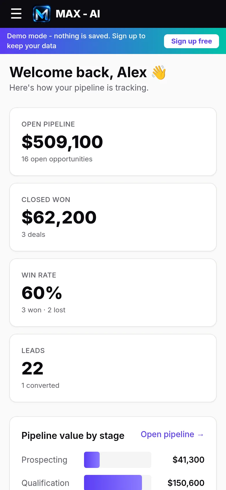 MAX - AI CRM home dashboard on a phone