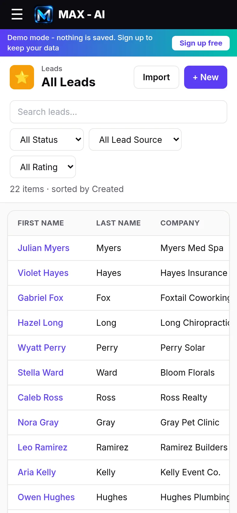 Leads list on mobile