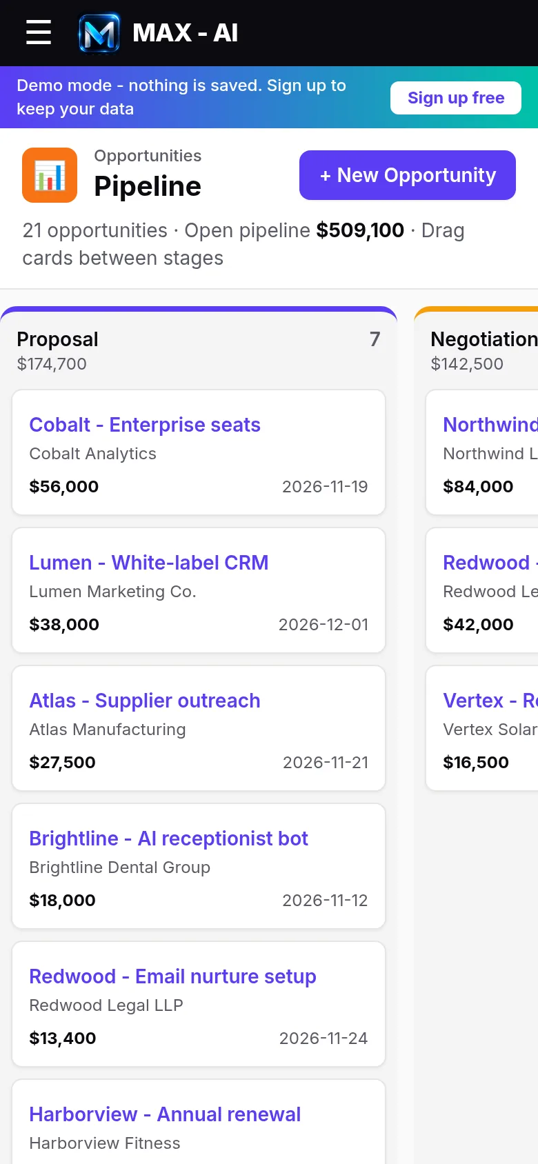 Deal pipeline on mobile