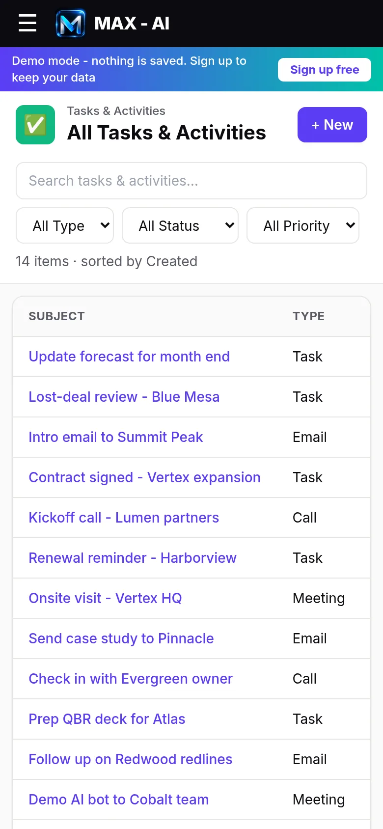Tasks and activities on mobile